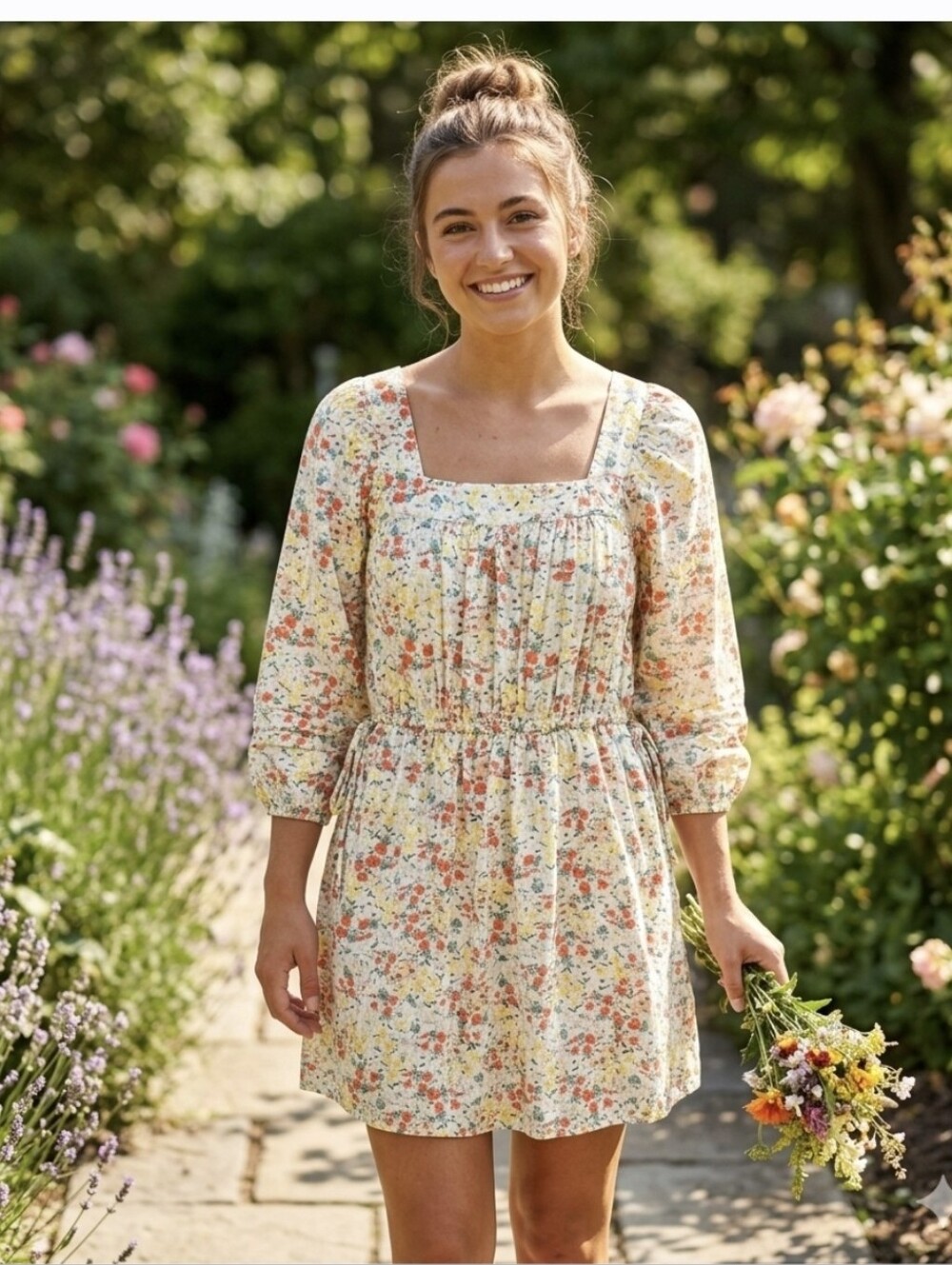 Style & Co. Cream Floral Square-Neck Smocked Mini Dress